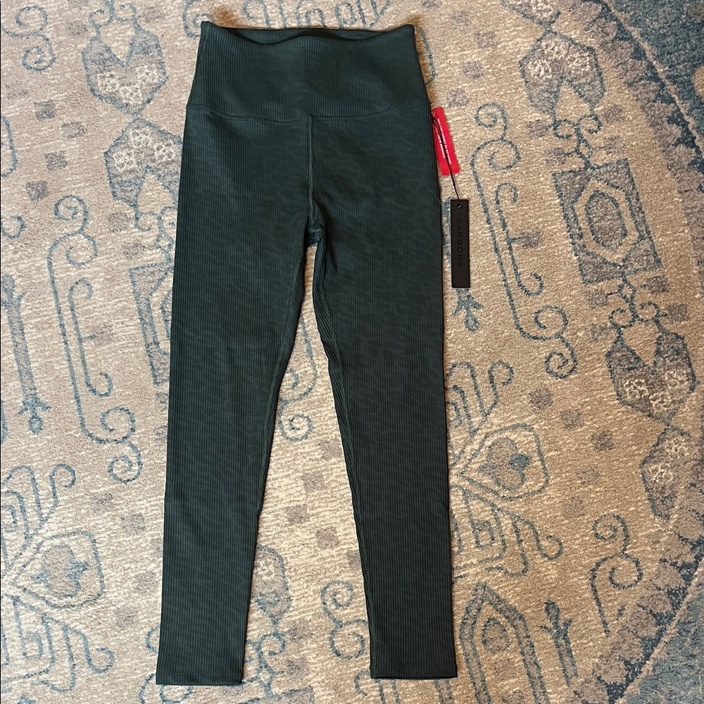 Carbon38 Ribbed High-Waist Leggings in Deep Green
